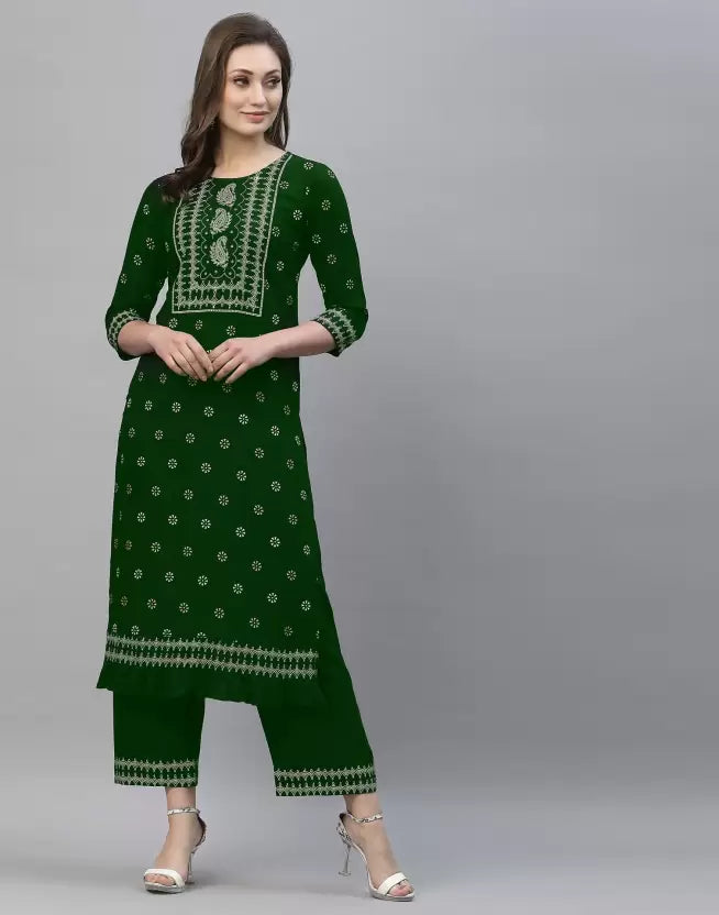 Women Green Viscose Rayon Kurta and Palazzo Set