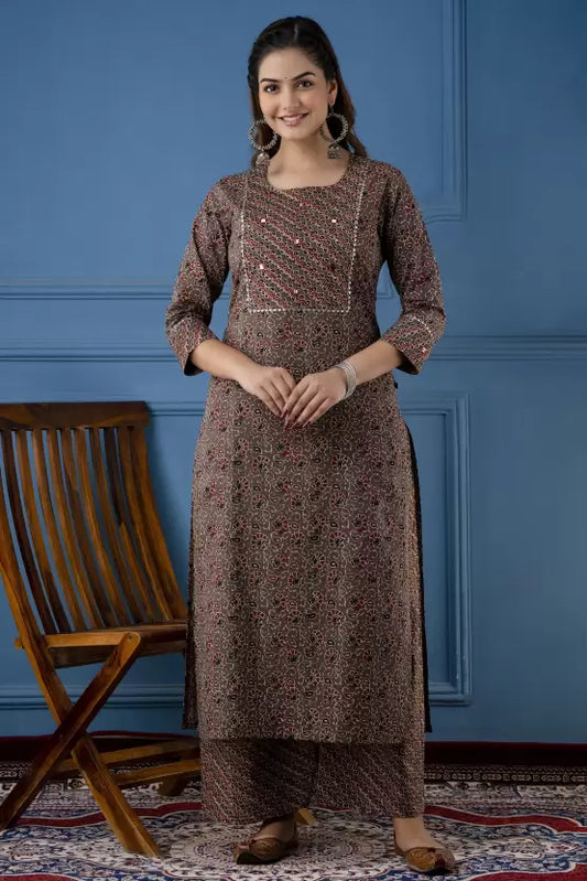 Women Cotton Blend Kurta Palazzo Set