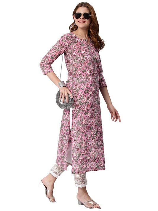 Women's Pink Cotton Blend Straight Printed Kurta with Pant Set