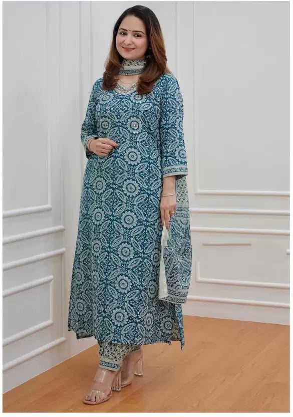 Women Blue Pure Cotton Kurta Pant Dupatta Set