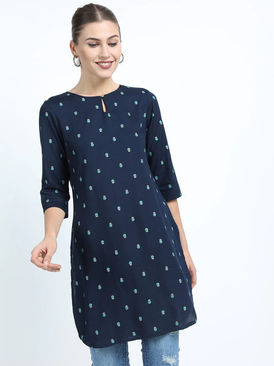 Casual Regular Sleeves Printed Women Dark Blue Top