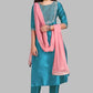 Women Blue Kurta, Pant And Pink Dupatta Set