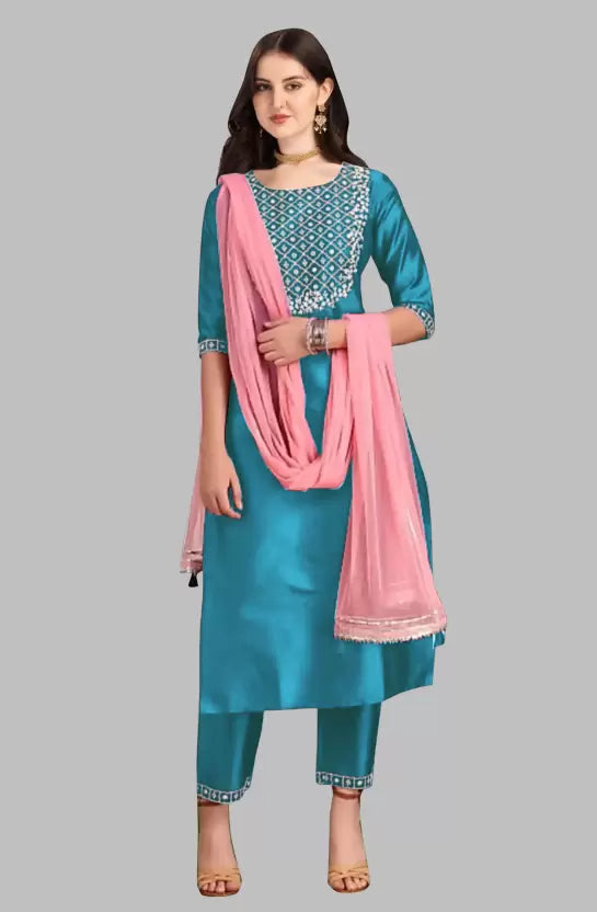 Women Blue Kurta, Pant And Pink Dupatta Set