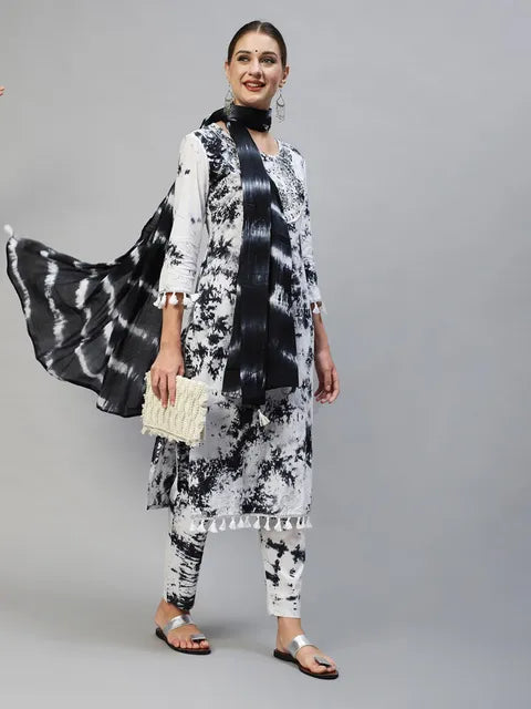 Tie- Dye Printed & Embroidered Straight Kurta with Pants & Dupatta - White & Black