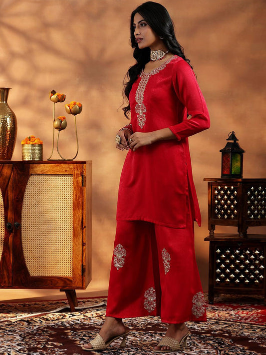 Floral Yoke Design Sequinned Straight Kurta with Palazzos