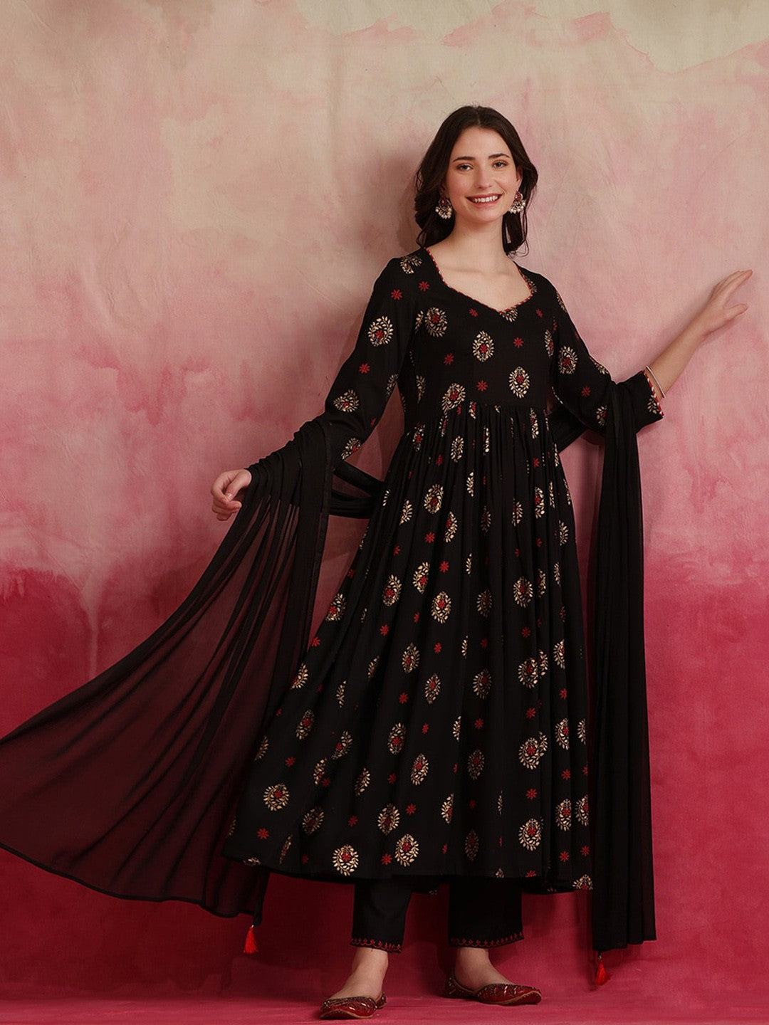 Ethnic Motifs Printed Anarkali Kurta With Palazzos & Dupatta