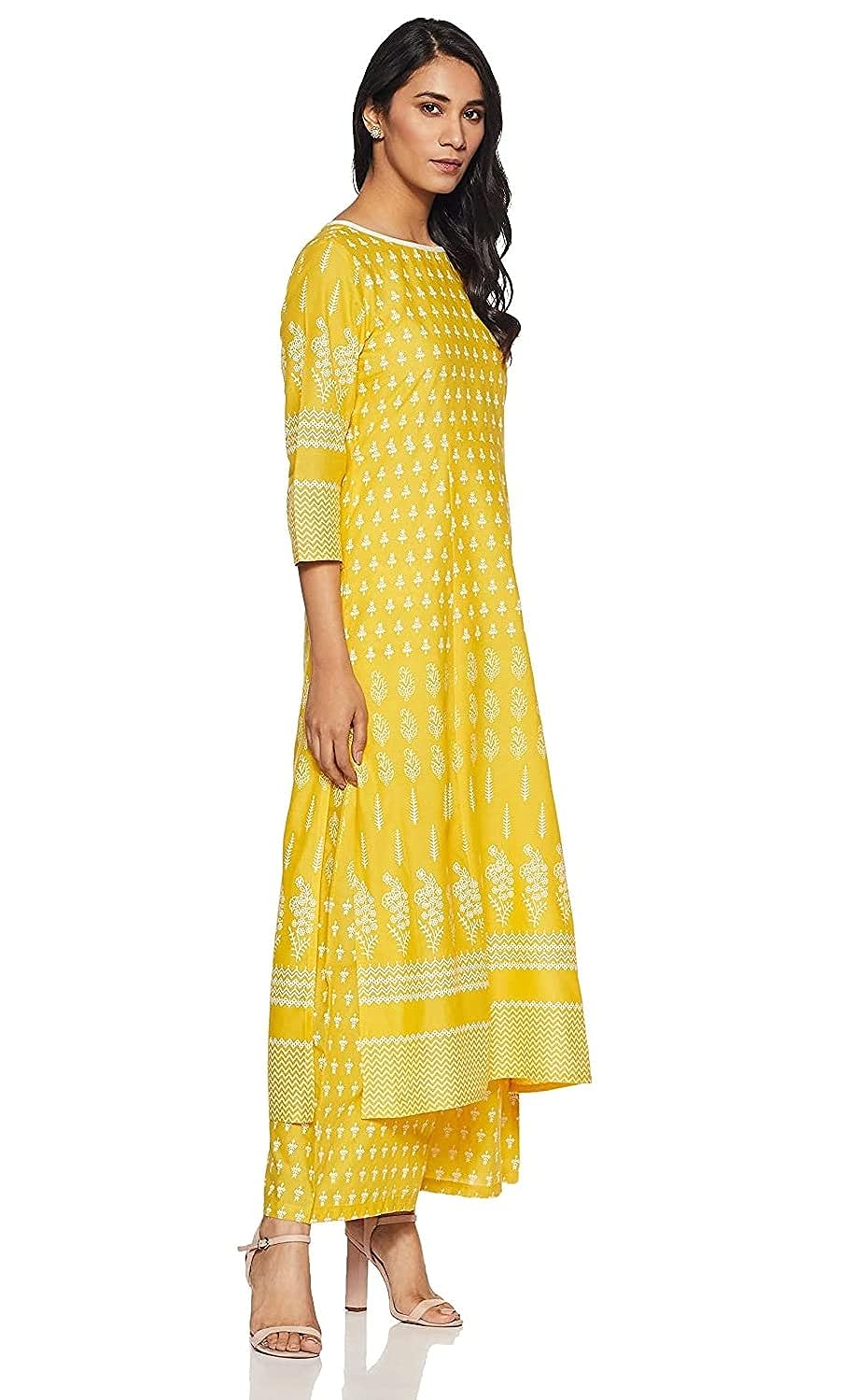 Women's Yellow Cotton Printed Straight Kurti with Palazzos Set