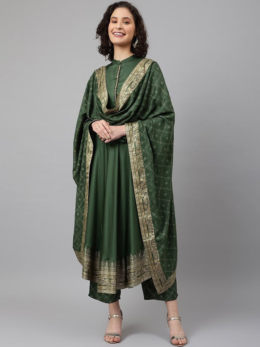 Green Anarkali Printed Kurta with Palazzos & With Dupatta