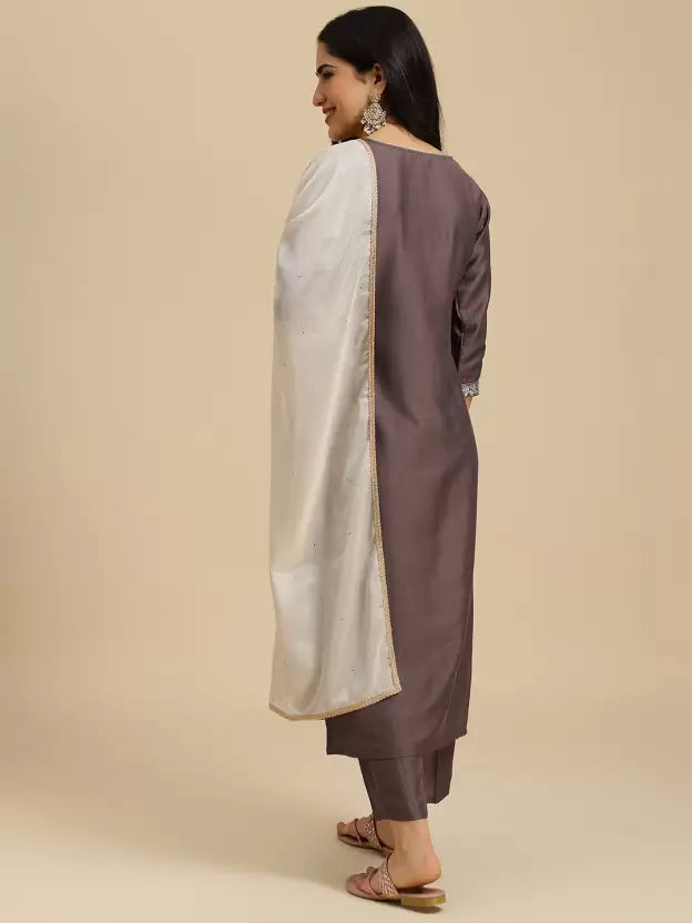 Women Beige Brown Silk Blend Kurta Pant Dupatta Set