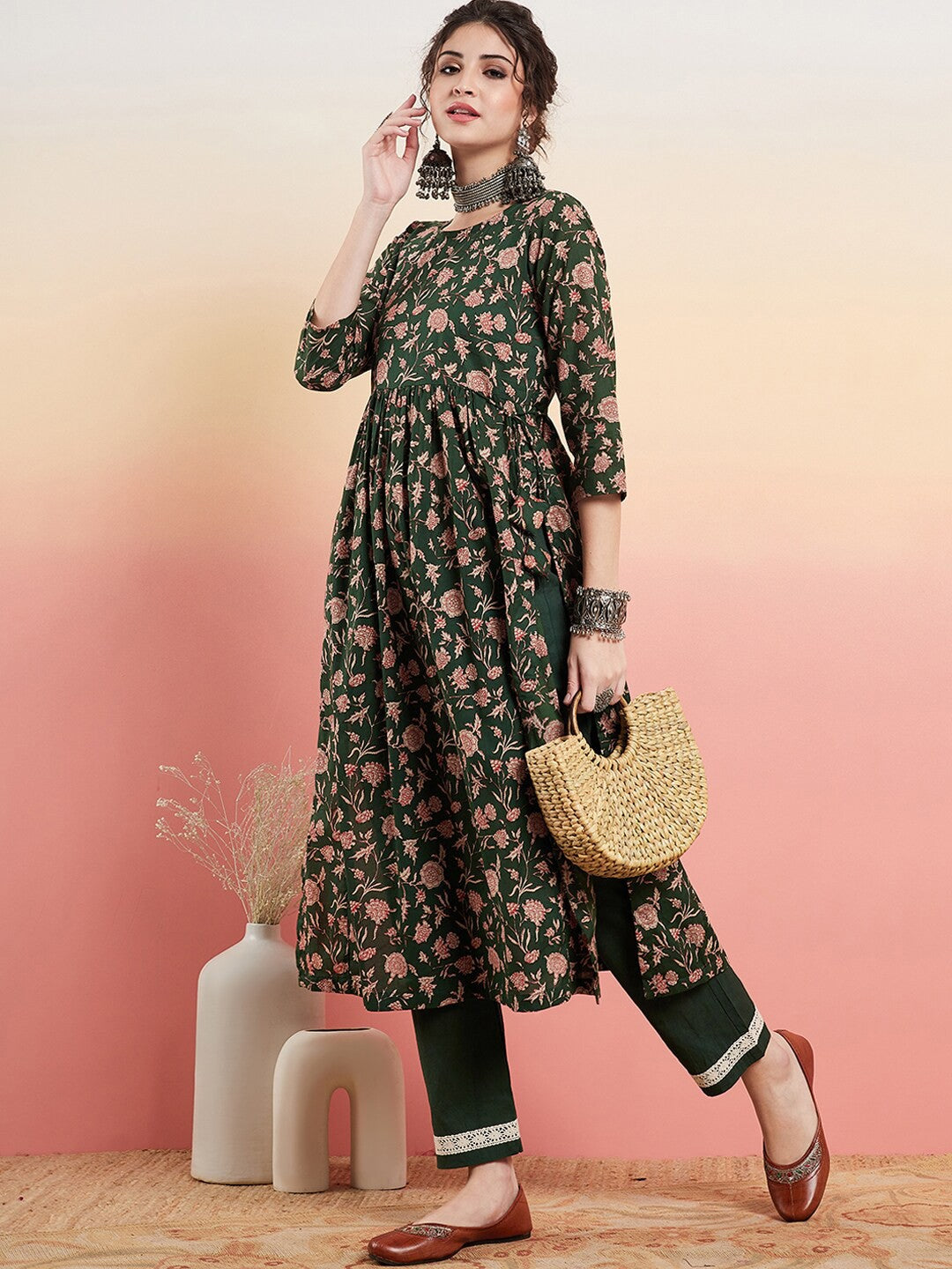 Green Floral Printed Pure Cotton Anarkali Kurta With Trousers