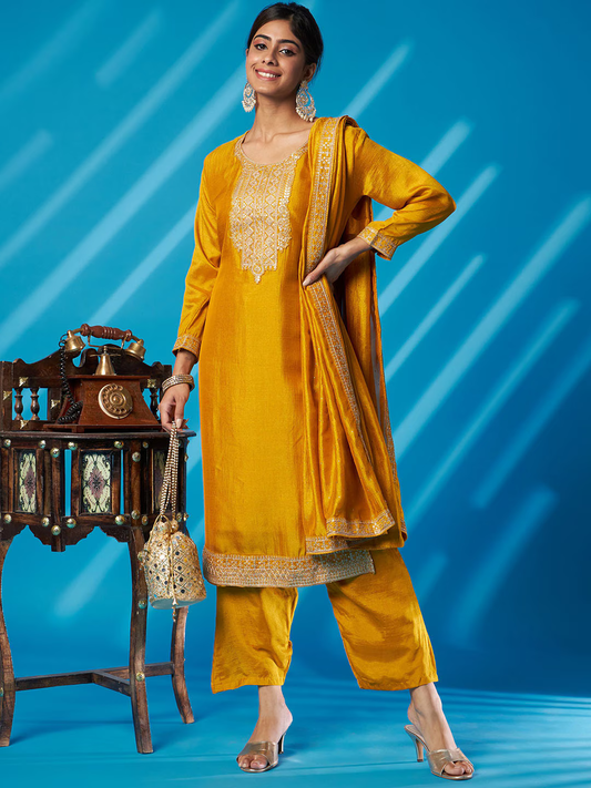 Yoke Design Thread Work Kurta With Palazzos & Dupatta