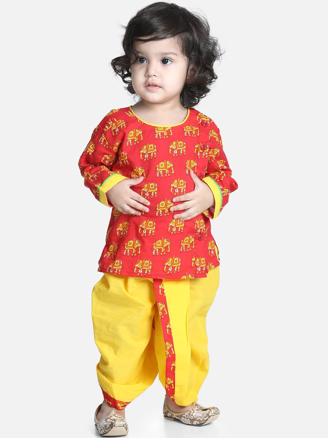 Boys Red & Yellow Ethnic Motifs Printed Pure Cotton Kurta With Dhoti Pants