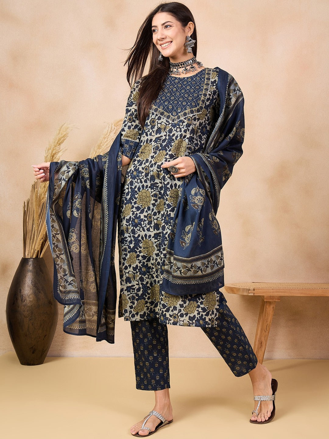 Navy Blue Floral Printed Pure Cotton Straight Kurta & Trousers With Dupatta