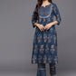 Women Blue Cotton Blend Kurta Pant Set