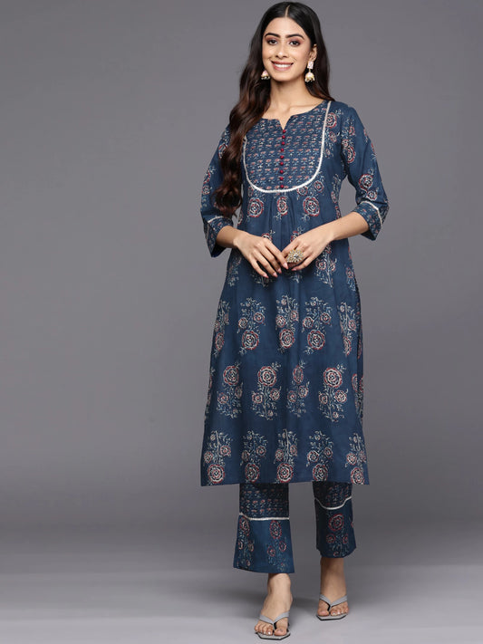 Women Blue Cotton Blend Kurta Pant Set