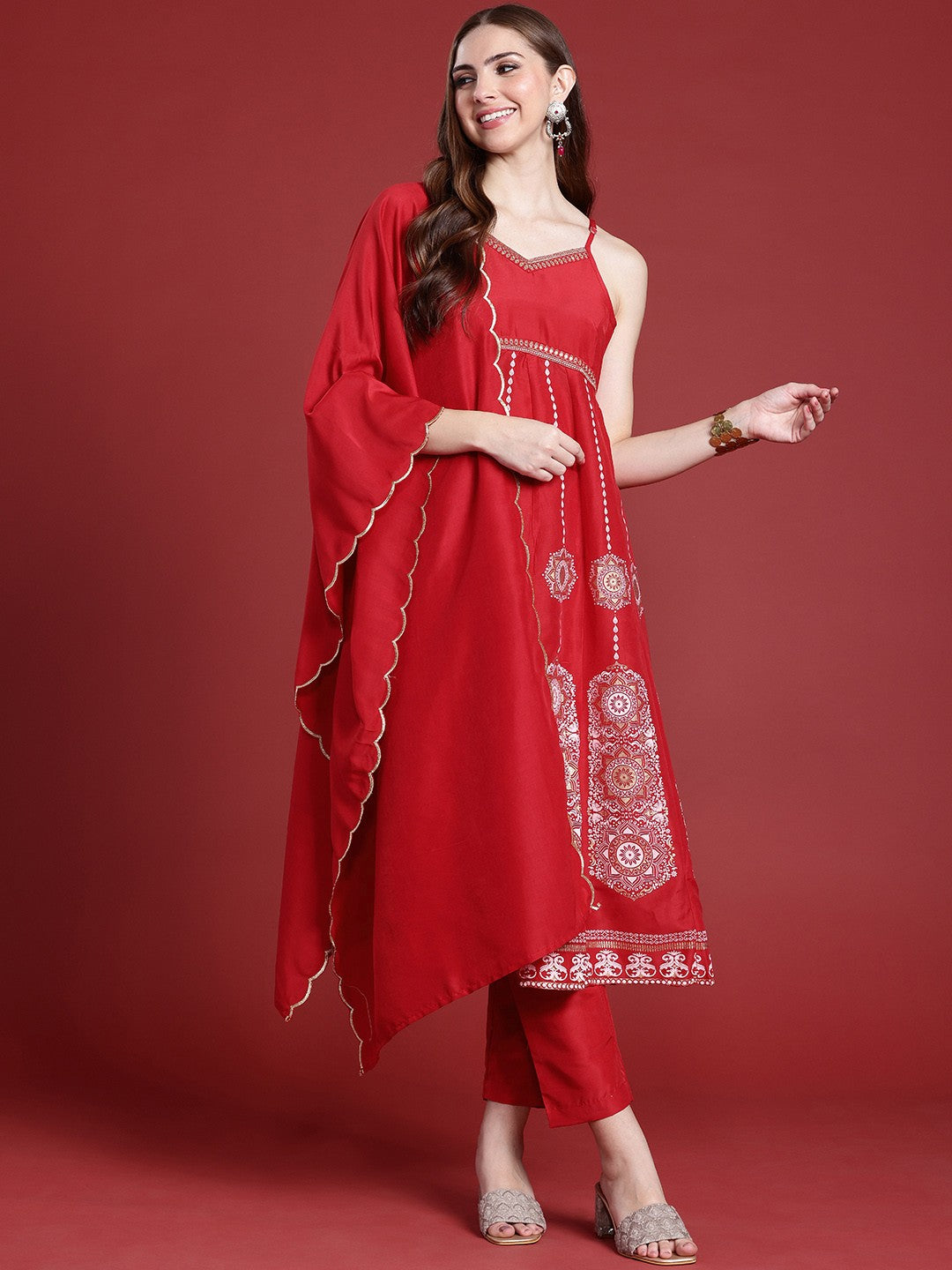 Women Ethnic Motifs Printed Zari Work Empire Kurta With Trousers & Dupatta