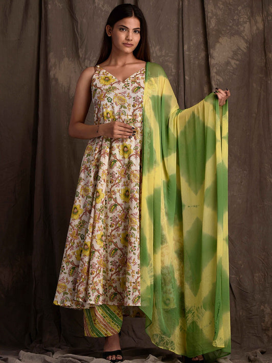 Yellow & Green Floral Printed Pure Cotton Anarkali Kurta With Palazzos & Dupatta