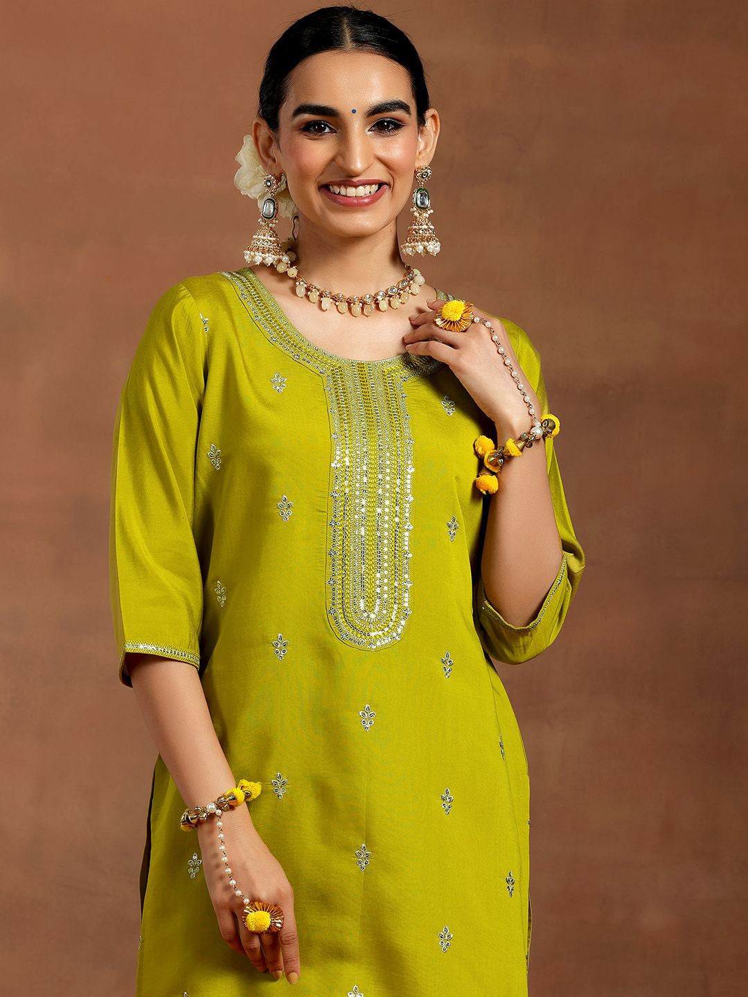 Floral Embroidered Sequinned Straight Kurta with Salwar & With Dupatta