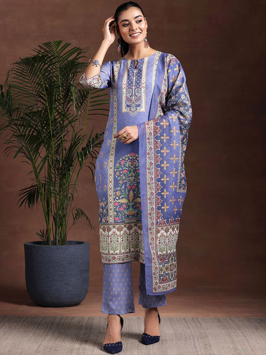 Floral Printed Keyhole Neck Straight Kurta With Trousers & Dupatta