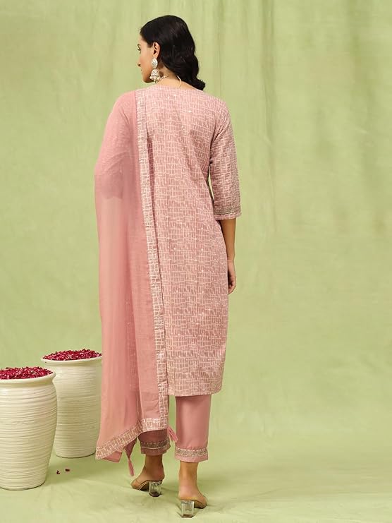 Women's Pink Embroidered Chanderi Kurta Pant Set with Dupatta