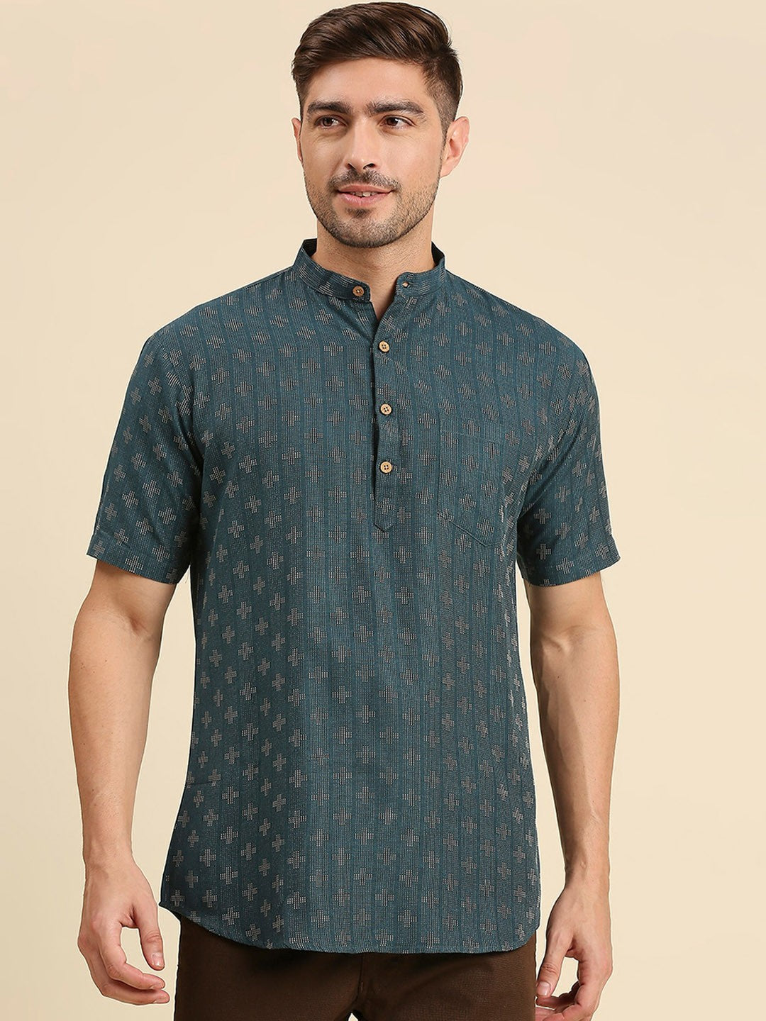 Men Geometric Woven Design Pastels Cotton Kurta