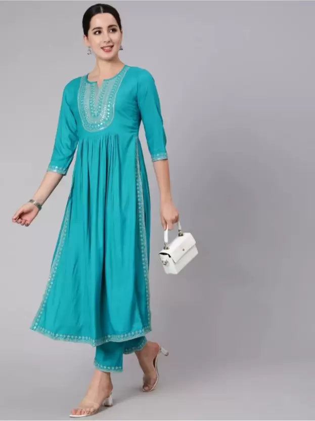 Women Nyra-cut Rayon Kurta set with embroidered Yoke