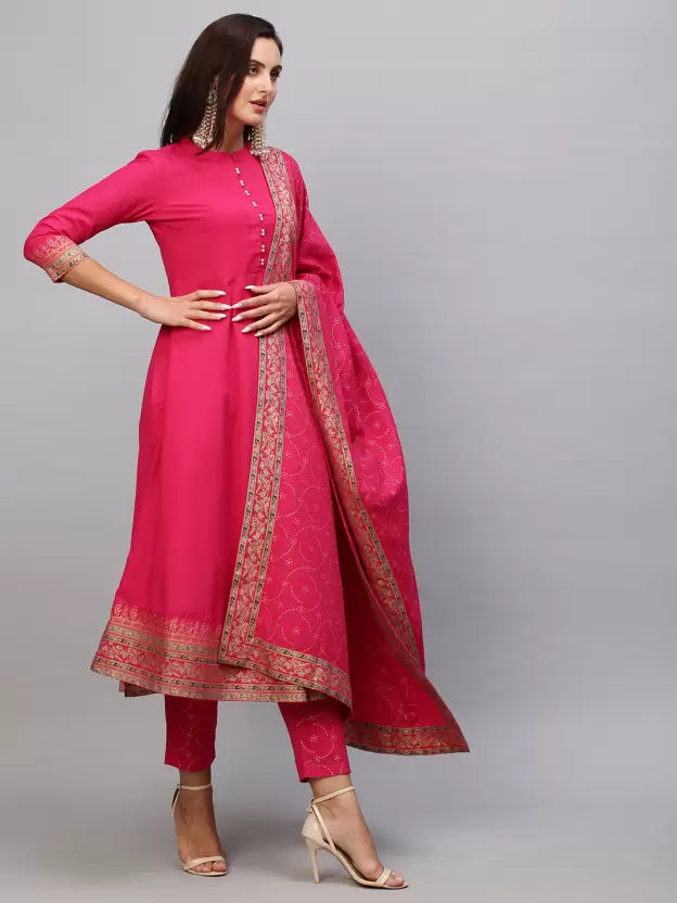 Women Pink Cotton Blend Kurti Pant Dupatta Set