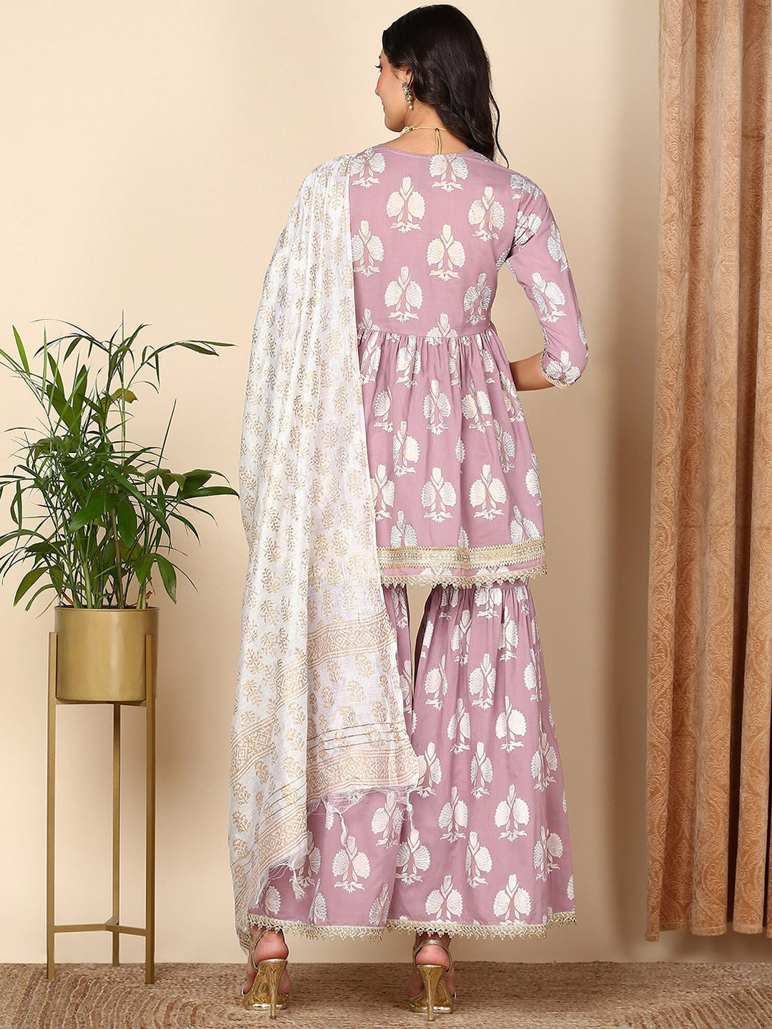 Violet Floral Printed Gotta Patti Pure Cotton Kurta with Sharara & Dupatta