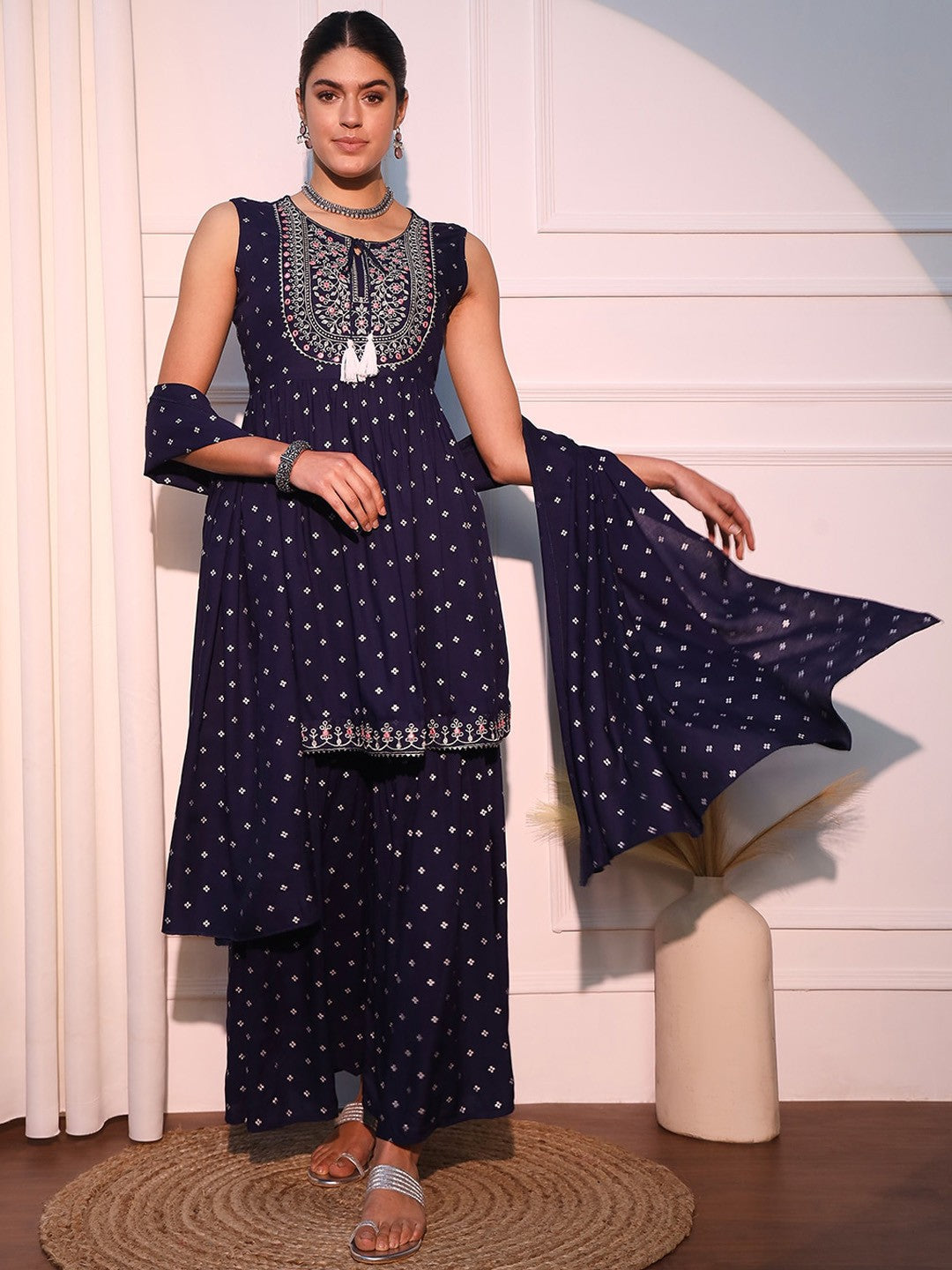 Ethnic Motifs Printed Thread Work Tie Up Kurta With Sharara & Dupatta