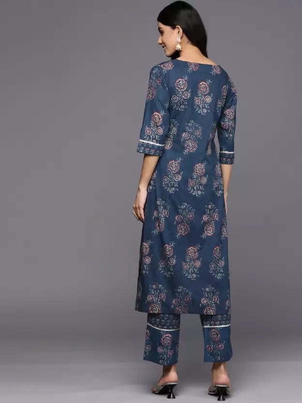 Women Blue Cotton Blend Kurta Pant Set