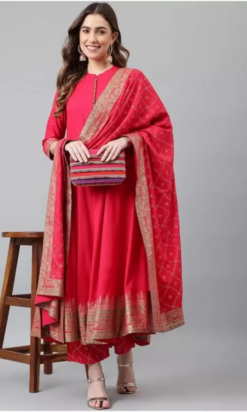 Women Pink Viscose Rayon Kurta, Pant And Dupatta Set