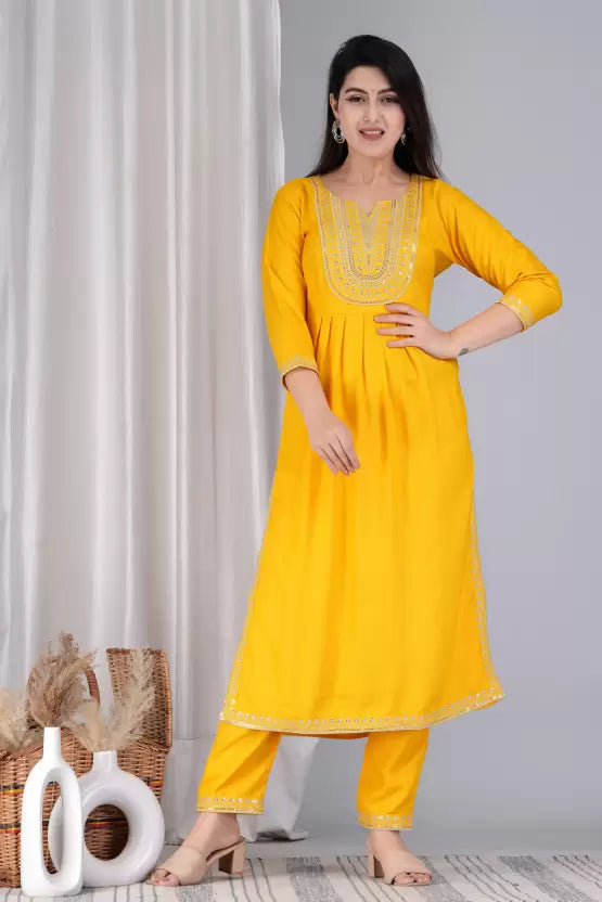 Women Nyra-cut Rayon Kurta set with embroidered Yoke