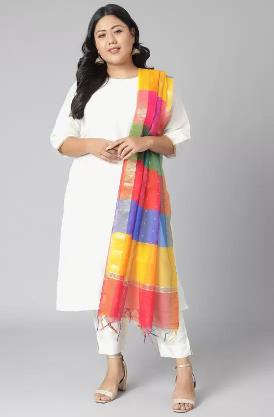 Women White Poly Silk Kurta, Pant & Colorful Dupatta Set