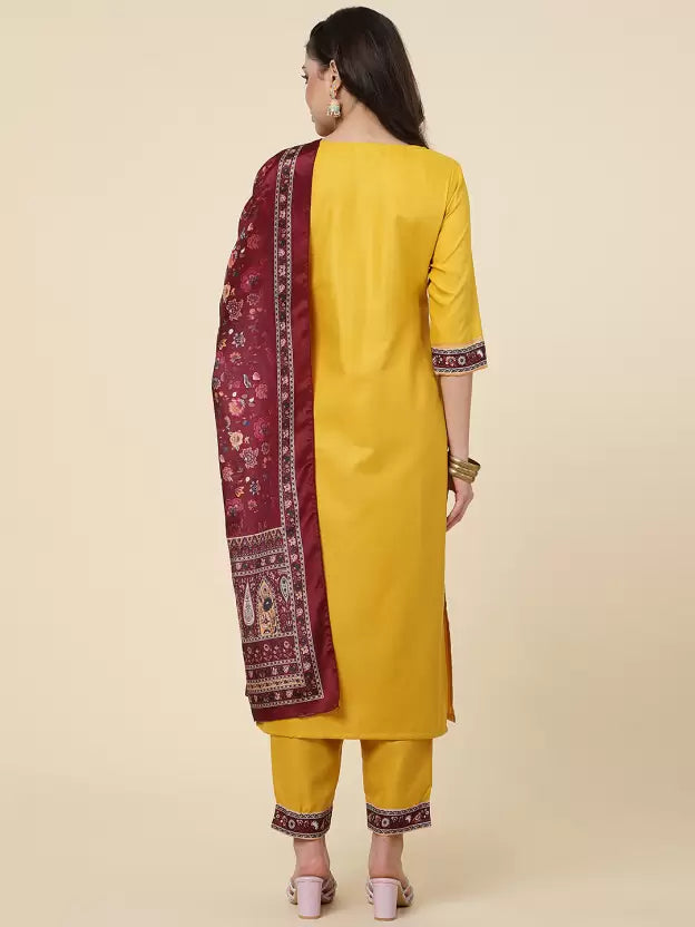 Women Yellow Cotton Blend Kurta Pant Dupatta Set