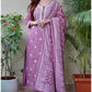 Women Purple Cotton Blend Kurta Pant Dupatta Set