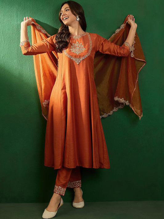 Embroidered Boat-Neck Kurta With Trousers & Dupatta