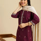 Women Wine Silk Blend Kurta Pant Dupatta Set