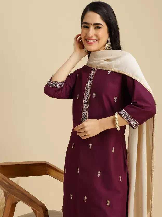 Women Wine Silk Blend Kurta Pant Dupatta Set