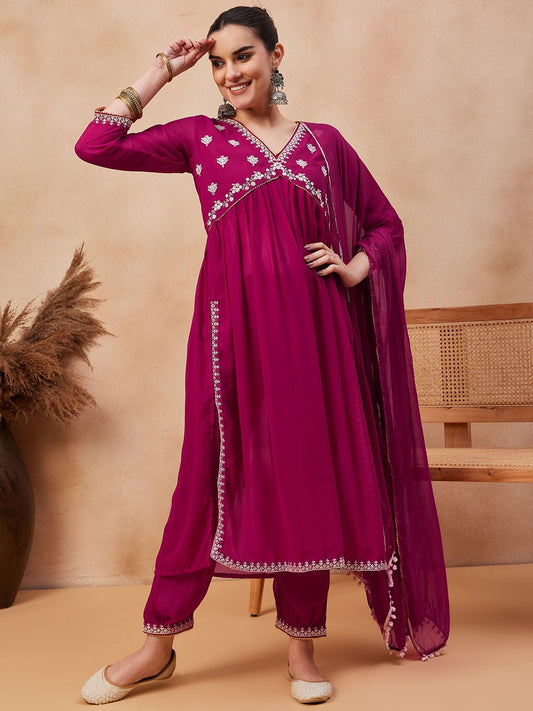 V-Neck Three Quarter Sleeves Floral Embroidered Empire Sequinned Kurta Set