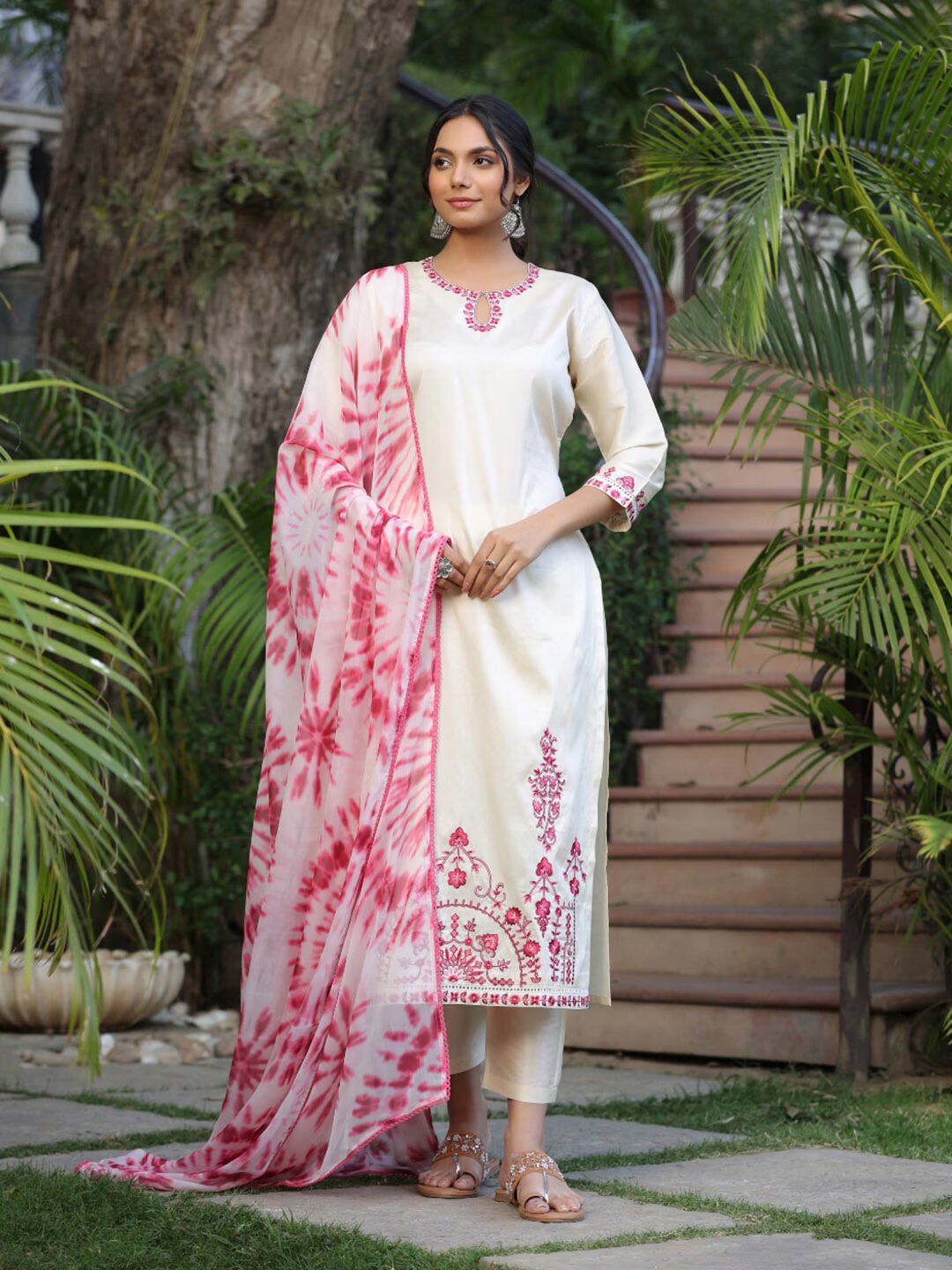 Floral Embroidered Straight Kurta With Trousers & Dupatta