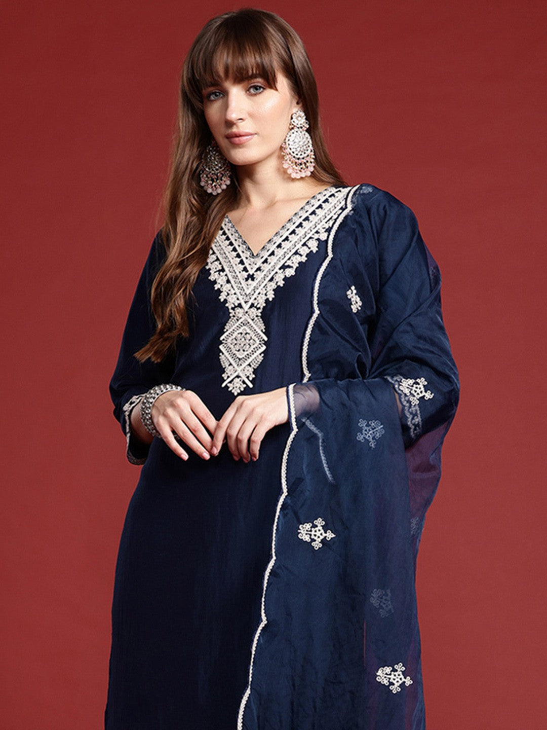 Ethnic Motifs Embroidered Lace Detailed Kurta & Trousers With Dupatta