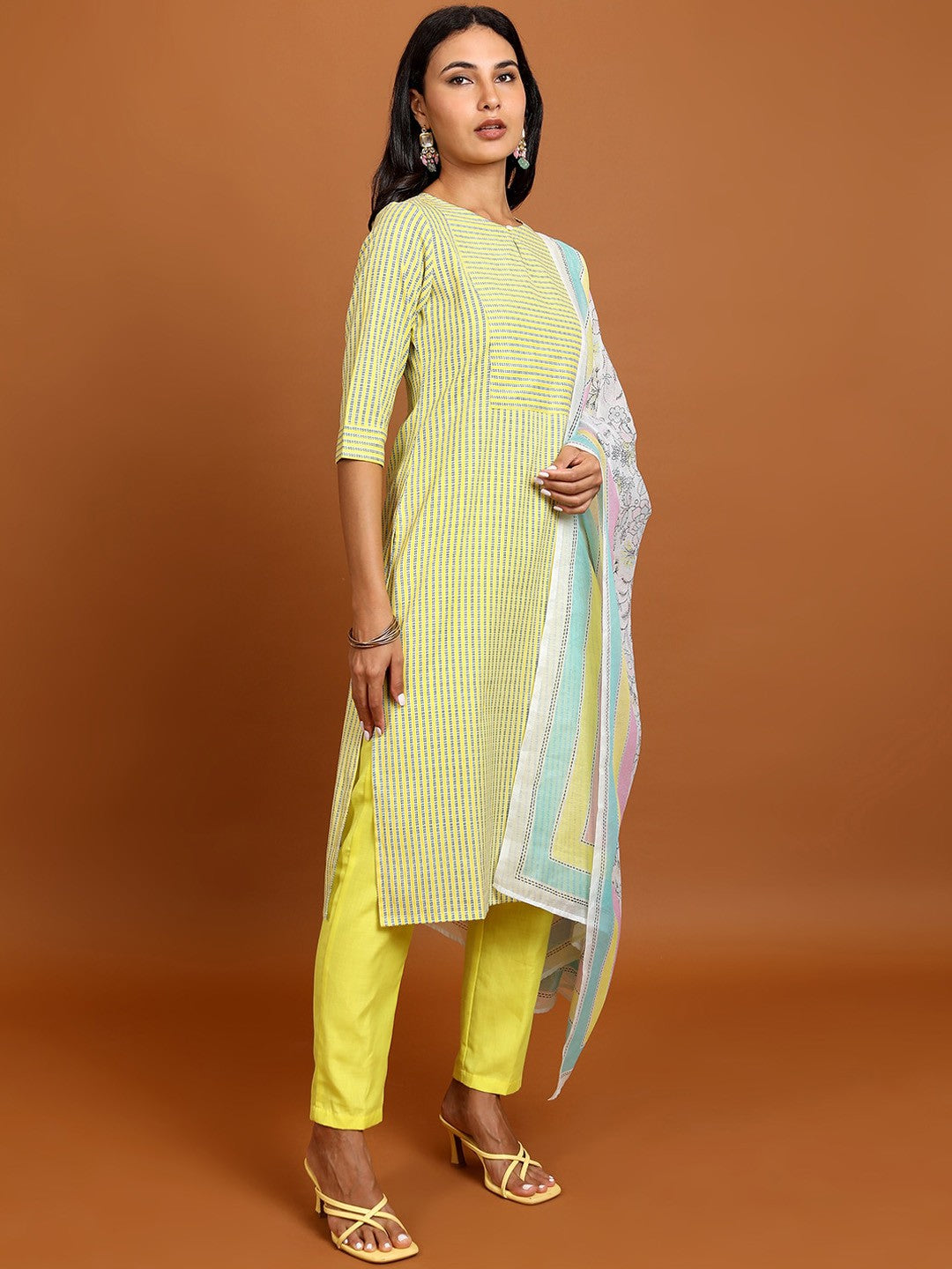 Yellow Striped Keyhole Neck Straight Kurta with Trousers & With Dupatta