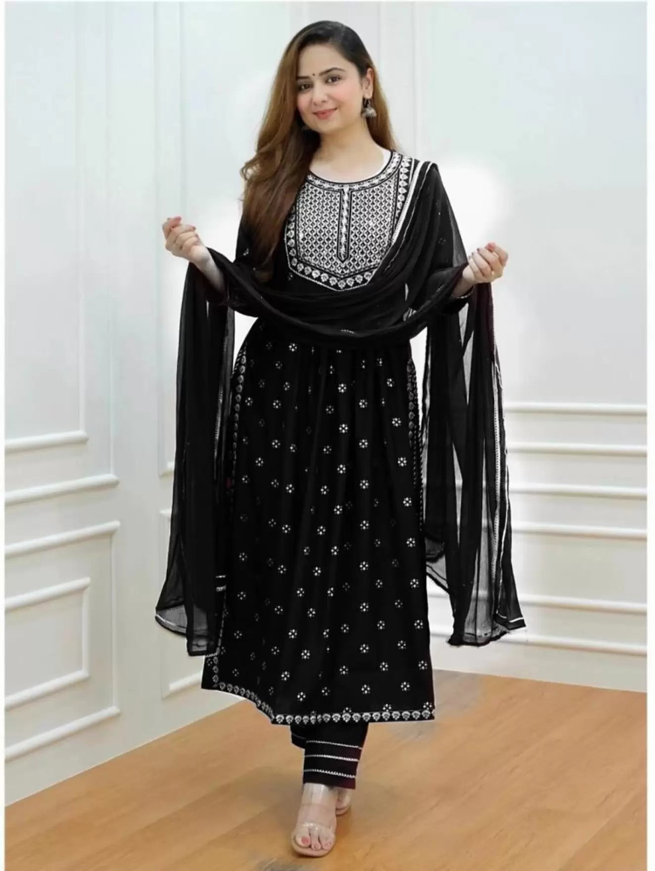 Women Black Viscose Rayon Kurti Pant Dupatta Set