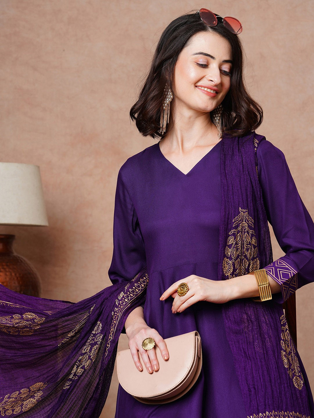 V-Neck Kurta With Trousers & Dupatta