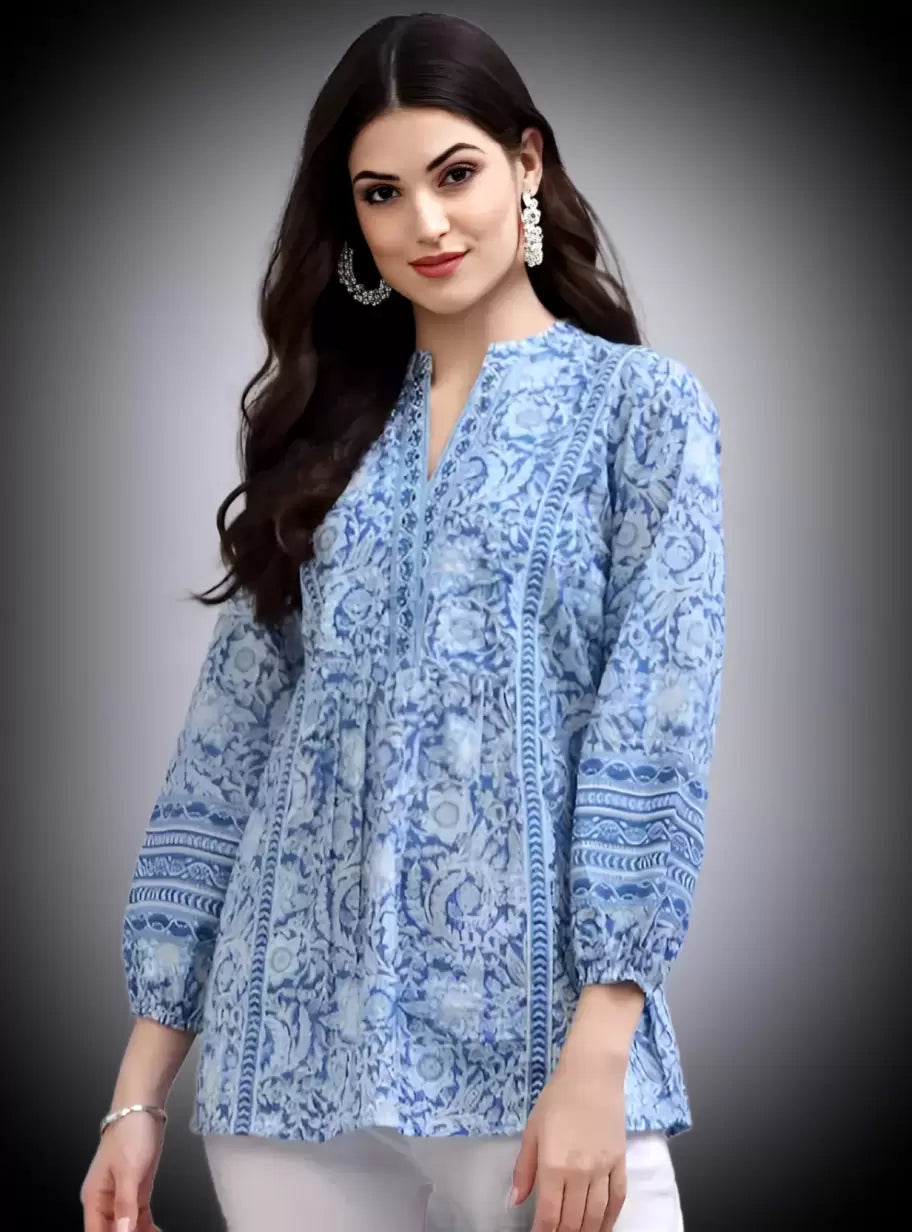 Women Printed Pure Cotton Straight Kurta  (Blue)