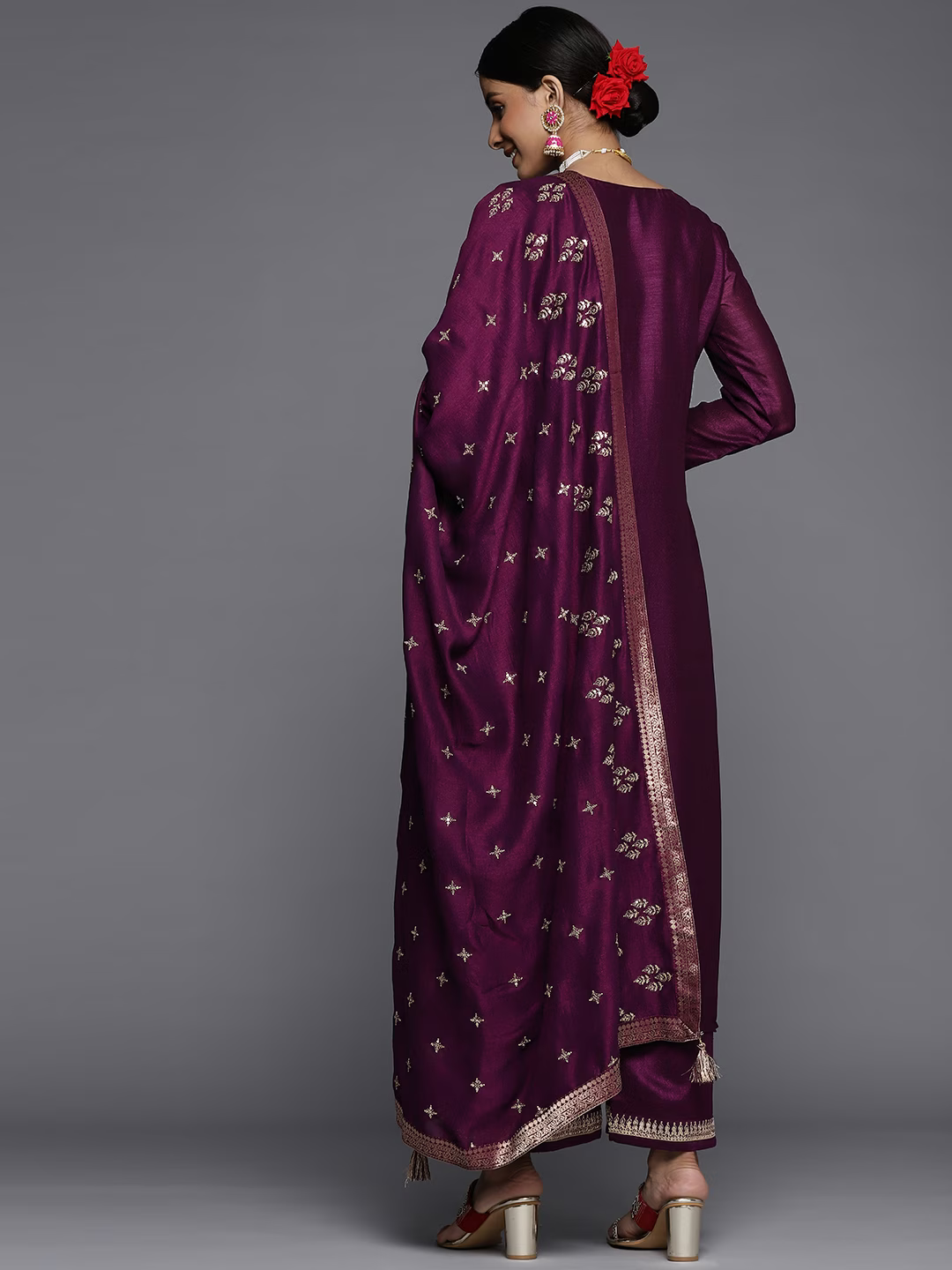 Women Purple Floral Embroidered Sequinned Kurta with Palazzos & Dupatta