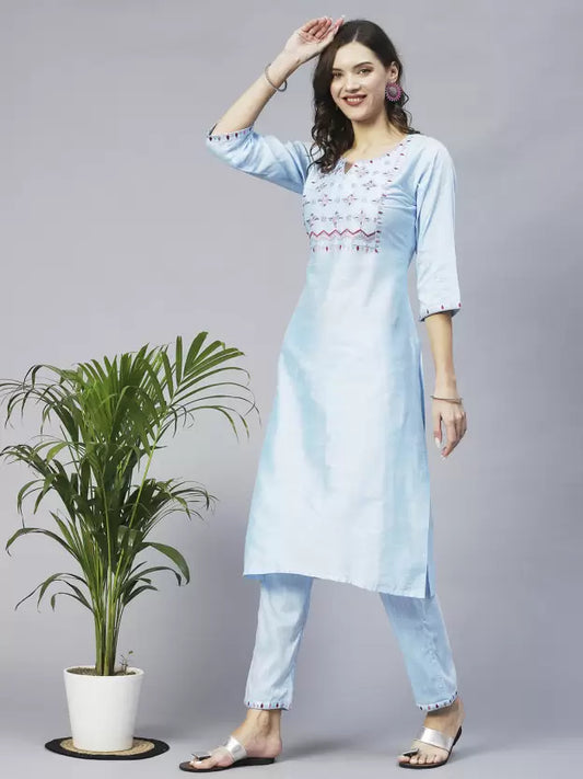 Women Light Blue Silk Blend Kurta Pant Set