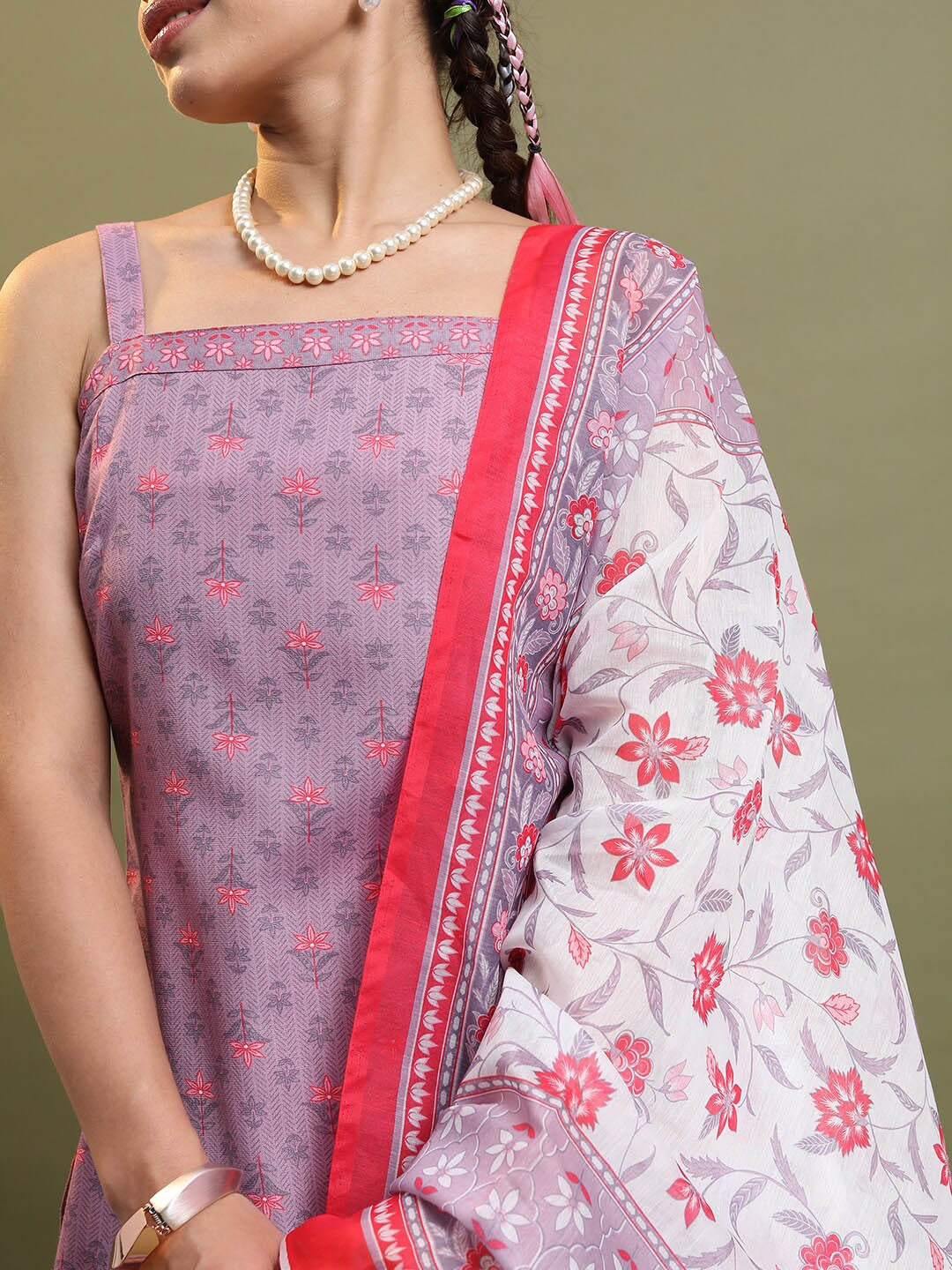 Mauve Floral Printed Straight Kurta with Trousers & Dupatta