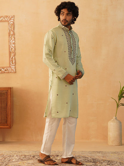 Men Silk Blend Embroidered Sequin Straight Republic Day Kurta with Pyjamas
