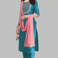 Women Blue Kurta, Pant And Pink Dupatta Set